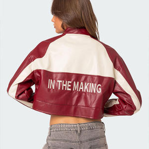 Blouson de moto vintage en cuir véritable pour femme, style racing court avec logo brodé OEM - Product Image 4