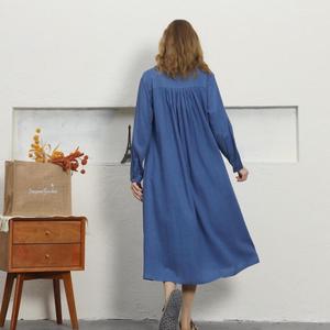 Women Boho Blue Plain Cotton Linen Maxi <b>Dress</b> With Button Front V-Neck <b>Loose</b> Fit Full Sleeve Summer Casual <b>Dress</b> - Product Image 4