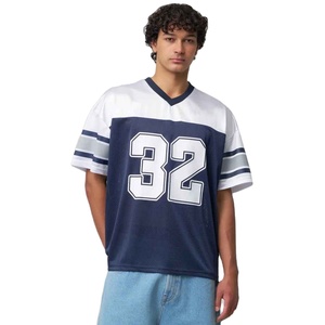 Camiseta de fútbol americano con cuello en V para hombre, número 32, de malla transpirable, manga corta, ajuste holgado, para deportes de equipo, blanca y azul marino - Product Image 1
