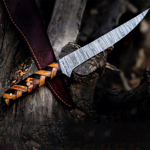 มีดแล่เนื้อเหล็กดามัสกัสแบบกำหนดเองทำมือของ Burraq ขนาด 10/8 นิ้ว หนา 3.0 มม. พร้อมปลอกหนัง ปลอดภัยสำหรับเครื่องล้างจาน เหมาะสำหรับเป็นของขวัญ - Product Image 1