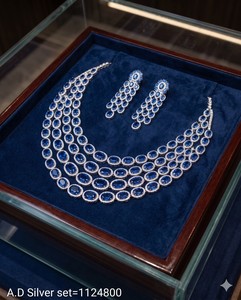Luxury <b>Silver</b> Plated American Diamond Jewelry Set With Sparkling Blue Oval Stone Layered <b>Choker</b> AD JEWELLERY Set Party Wear Gift - Product Image 6