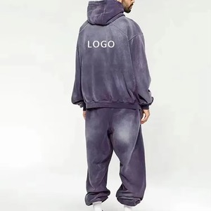 Ensemble de survêtement homme grande taille, délavé à l'acide, hiver, avec sweat à capuche en coton et pantalon de survêtement, coupe oversize, effet vieilli, vintage, uni ou imprimé, OEM, Nouveau - Product Image 5