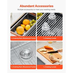 Évier de cuisine en acier inoxydable 304 de 27 pouces, à encastrer, à cuve unique, style ferme, avec rebord, multifonction, à montage sous plan - Product Image 6