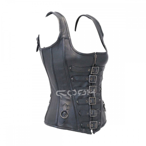 Genuine Black Leather Buckle <b>Corset</b> Top <b>Gothic</b> Overbust Waist Cincher <b>Corset</b> with Front Zipper and Adjustable Straps - Product Image 6