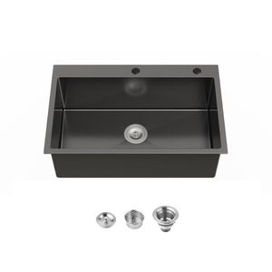 Lavello da cucina singolo in raso nero fatto a mano 76x48 cm, da incasso, con scarico standard USA e design a foro singolo. Non spedibile nei fine settimana. - Product Image 1