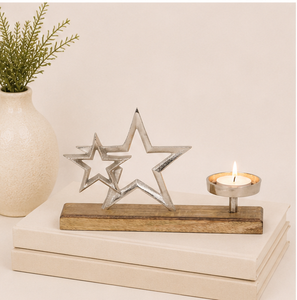 Handcrafted Silver Metal Double Star Candle Holder on Natural Mango Wood Base Modern Aluminium Celestial Tealight <b>Stand</b> On Sale - Product Image 6