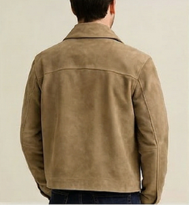 Gravs <b>Mens</b> Beige <b>Suede</b> Slim Fit Premium Leather Shirt Style <b>Jacket</b> Windproof Mandarin Collar Button Closure Flap Pockets Casual - Product Image 2