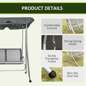 Dondolo a 3 posti regolabile grigio con supporto e tettuccio, sedia sospesa per interni/esterni per giardino e bordo piscina - Product Image 6