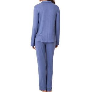Conjunto de Pijama de Algodón de 2 Piezas para Mujer, Manga Larga, Azul Sólido, Ropa de Dormir Clásica, Cierre de Botones en la Parte Delantera, Cuello Camisero - Product Image 4