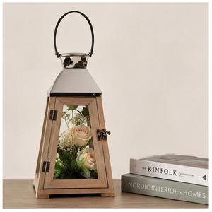 <b>Rustic</b> <b>Wood</b> and Metal Lantern with Glass Panes Modern Farmhouse Candle Holder for Wedding Centerpiece Hanging Decorative Lantern - Product Image 2