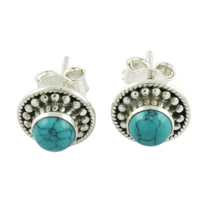 Round Shape <b>Turquoise</b> Stone 925 Sterling Silver <b>Studs</b>, Handmade Silver <b>Studs</b> <b>Earrings</b>, <b>Studs</b> <b>Earrings</b> Wholesaler India - Product Image 2