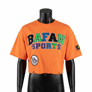 Camiseta corta de algodón francés para mujer, color naranja, suave y transpirable, con parche de chenilla y logotipo bordado. Camiseta corta de algodón para mujer. - Product Image 5