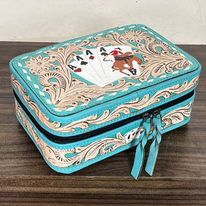 Caja de Joyería de Cuero Vacuno Auténtico Hecha a Mano Estilo Western Vintage con Patrón de Cartas de Póker y Flores Talladas, Organizador de Joyas - Product Image 4