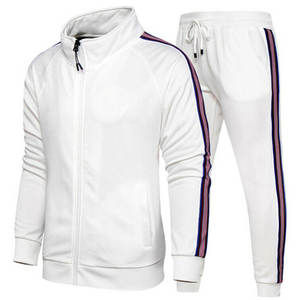 Ensemble de survêtement blanc pour homme, manches longues, fermeture éclair, col montant, poches latérales rayées, vêtements décontractés d'automne, polyester respirant - Product Image 1
