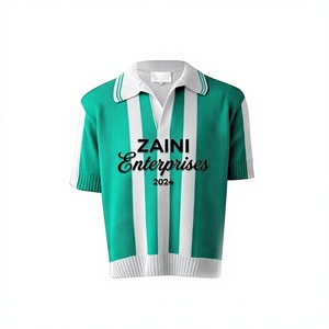เสื้อโปโลผ้าคอตตอนโพลีเอสเตอร์ถักเนื้อพรีเมียม 260 GSM สีเขียวขาวลายทาง  รับทำโลโก้ตามสั่ง  OEM ODM - Product Image 1