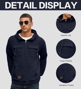Prix d'usine – Nouveau sweat à capuche décontracté pour homme, respirant, avec demi-fermeture éclair, poche kangourou, en mélange de coton – Vente en gros - Product Image 6