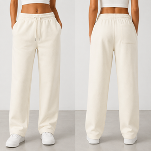 Women Cream Knitted Wide Leg Pants Mid Waist Loose Fit Full Length Casual Solid Color Drawstring Elastic Waist Fleece Sweatpants - Product Image 1