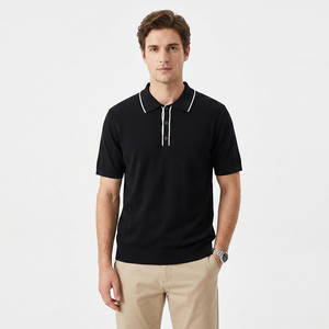 Polo à manches courtes pour homme, noir, couleur unie, tissu en coton, design boutonné décontracté, coupe classique - Product Image 5