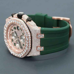 Luxury Moissanite Iced Out Chronograph <b>Watch</b> Rose Gold <b>Case</b> Green Rubber Strap Fully Flooded Dial Mens Statement Jewelry - Product Image 2
