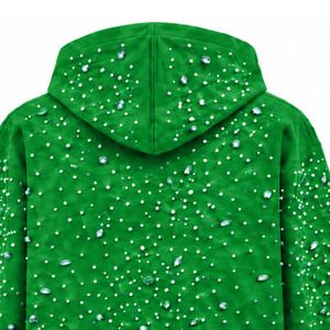 Sudadera con capucha verde brillante con cremallera completa, chaqueta de streetwear con cristales, sudadera informal de manga larga con bolsillo frontal - Product Image 4