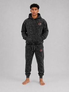 Ensemble de survêtement pour homme en molleton épais délavé à l'acide, coupe décontractée, confortable, deux pièces : sweat à capuche et pantalon de jogging - Product Image 1