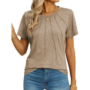 T-shirt gris à manches courtes et col rond pour femme avec design plissé sur le devant, coupe décontractée, en jersey - Product Image 1