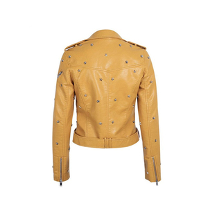 Blouson de motard en cuir PU jaune pour homme, style moto, col rabattu, fermeture éclair, coupe ajustée, longueur courte, manches classiques - Product Image 4