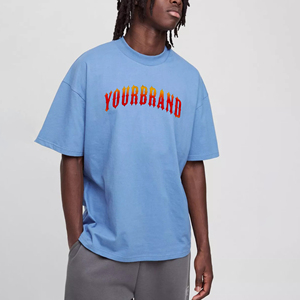 Yourbrand Men's Oversized Light Blue 100% Cotton Solid Casual O-Neck T-<b>Shirt</b> Front Red <b>Flame</b> Logo Quick Dry Eco-Friendly - Product Image 1