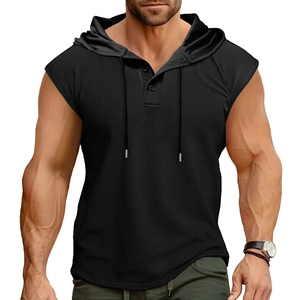 Plain Solid Woven Stylish Hoodies with Pocket Button <b>Design</b> Breathable Superior 100% Cotton Gym Hoodie for Summer Men New - Product Image 3