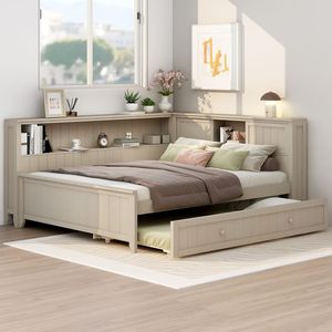 Divano letto matrimoniale in legno bianco antico con ripiani contenitore e letto estraibile - Product Image 3