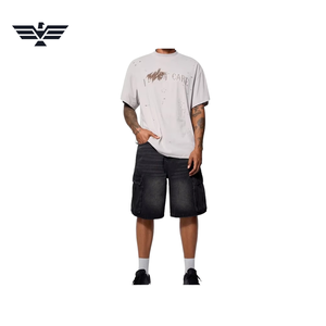 Men's Light Wash Distressed Denim <b>Cargo</b> Shorts Mid Waist <b>Wide</b> <b>Leg</b> Casual Summer Breathable 100% Cotton Pockets Woven Fabric 300g - Product Image 1