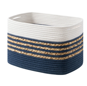 <b>Rectangular</b> Rope <b>Storage</b> <b>Basket</b> With Handles Navy White Striped Nordic Style Multi-Purpose Organizer - Product Image 5