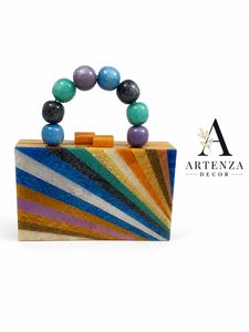 Pochette en bois personnalisée avec technique de couture, poignée perlée, motif à blocs, pour soirée, usage quotidien, accessoire de mariage, sac à main - Product Image 3