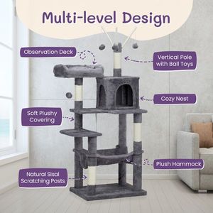 57-Inch Cat Tree Tower with Padded Platform Bed and Toy Balls Large Cozy Indoor Cat Condo with Sisal Scratching Mat - Product Image 5