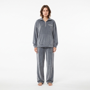 <b>Women's</b> Solid Gray Velvet Tracksuit Set <b>Half</b>-<b>Zip</b> <b>Sweatshirt</b> Elastic Waist Loose Fit Pants Winter Loungewear Casual Wear - Product Image 1