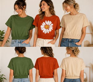 Womens Elastic Hem <b>Crop</b> T Shirt Casual Short Sleeve Round Neck Summer Tee Soft Cotton Blend <b>Top</b> - Product Image 3