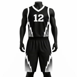 Ensemble Maillot et Short de Basketball Personnalisé en Gros – Design Éclair Noir et Blanc Sublimé – Tenue d'Équipe Respirante - Product Image 1