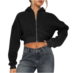 Women's <b>Cropped</b> <b>Hoodie</b> <b>Zip</b>-<b>Up</b> Sweatshirt Full Sleeve Solid Color Knitted Cotton Oversized Autumn Wear - Product Image 2