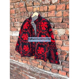 Red Floral Embroidered Velvet Jacket <b>Coat</b> Handmade Short Winter Casual Jacket With Inside Cotton Lining - Product Image 4
