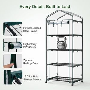 Serre miniature portable à 4 niveaux avec roues, structure en acier résistant à la rouille, couverture en PVC, pour jardinage intérieur et extérieur, 27,17" x 19" - Product Image 5