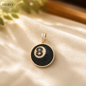 8 Ball <b>Pendant</b> Necklace Black Gemstone Pave Setting 18K <b>Gold</b> Plated Unisex Classic Round Shape Moissanite Jewelry - Product Image 1