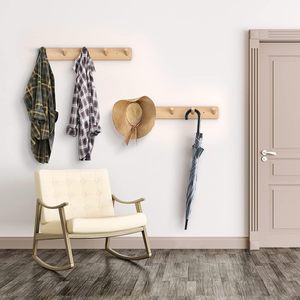 Handmade Solid Wood Wall Mounted Coat Rack with 5 Wooden <b>Peg</b> Hooks Entryway Hat Towel <b>Bag</b> Organizer Natural Finish set of 2 - Product Image 2