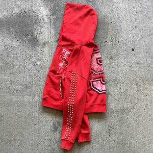 Custom Vintage Distressed Studded Zip Hoodie | Oversized Graphic Streetwear Sweatshirt OEM ODM Private Label Rhinestone Hoodies - Product Image 3