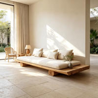Canapé carré trois places en bois massif de style rétro populaire avec housse de coussin en coton et lin respirant, fauteuil bas suspendu en bois