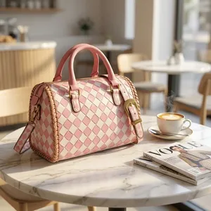 Vintage Women's <b>Handbag</b> Genuine Leather Bags Checkered Pink Shoulder Bags Leather <b>Handbags</b> with Women straps and handle bag - Product Image 4