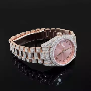Montre de Luxe de Qualité Supérieure avec Cadran Rose, Chiffres Romains, Diamants Moissanite Entièrement Sertis, en Acier Inoxydable, Style Affaires Antique, Verre Charmant - Product Image 5
