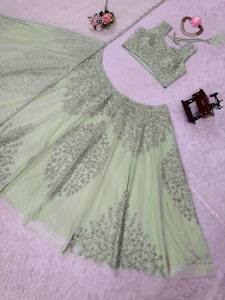 Green <b>Net</b> Lehenga Choli Embroidered Traditional Indian Pakistani Outfit Reversible Wedding Party Dress - Product Image 5