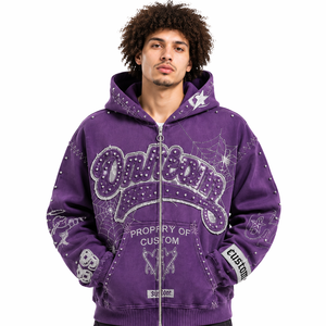 Sweat à capuche zippé personnalisé avec broderie toile d'araignée et clous violets pour homme, en molleton épais, avec motifs graphiques, style streetwear - Product Image 1
