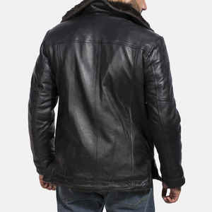 Chaqueta de Cuero Genuino para Hombre, Cuello Camisero, Forro de Piel Sintética, Resistente al Viento, Abrigo Casual de Invierno, Color Sólido, Corte Regular - Product Image 2