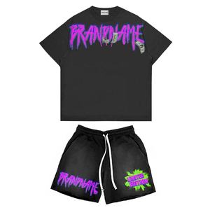 Brandname Men's 2 Piece <b>Set</b> T-Shirt & Shorts Black Street Style Embroidered Logo Summer Wear - Product Image 4
